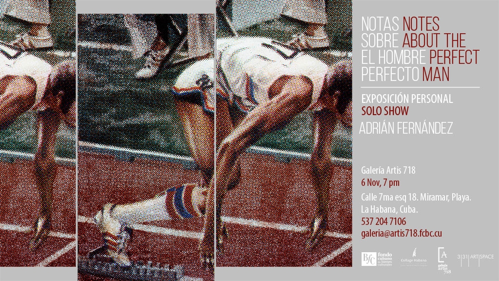Postcard advertising Adrian Fernandez's solo show "Notas Sobre El Hombre Perfecto" (Notes About the Perfect Man)